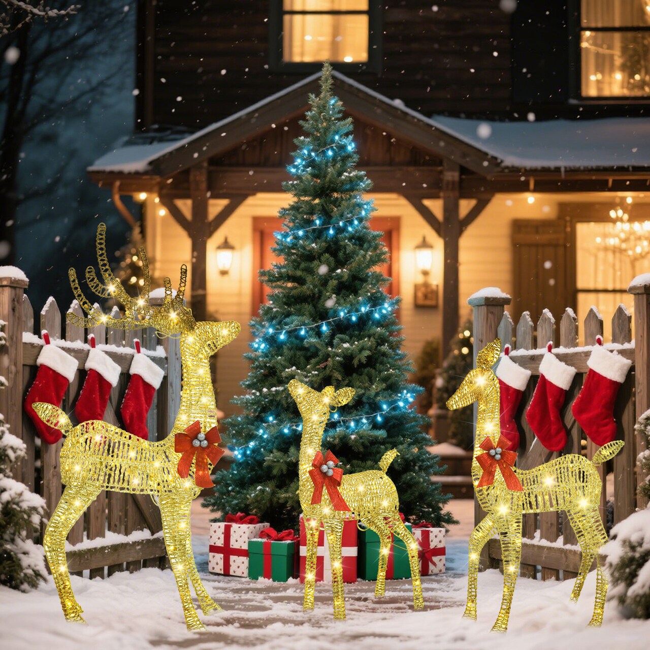 Champagne Woven Vine Set of 3 Reindeer with Warm White LED Lights for Holiday Decor 63" 52" & 37" Height